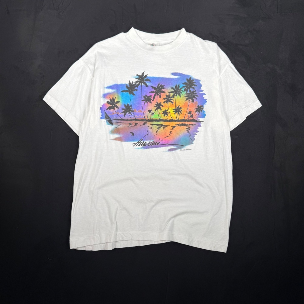 90s Mens Caribbean Dream Hawaii Sunset Palm Tree Graphic T-Shirt Large